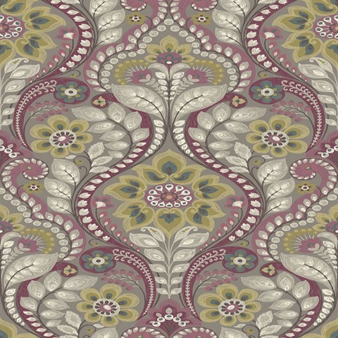 Night Bloom Grey Damask Wallpaper