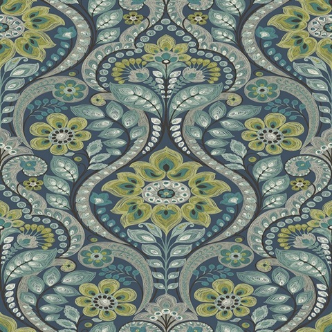 Night Bloom Navy Damask Wallpaper