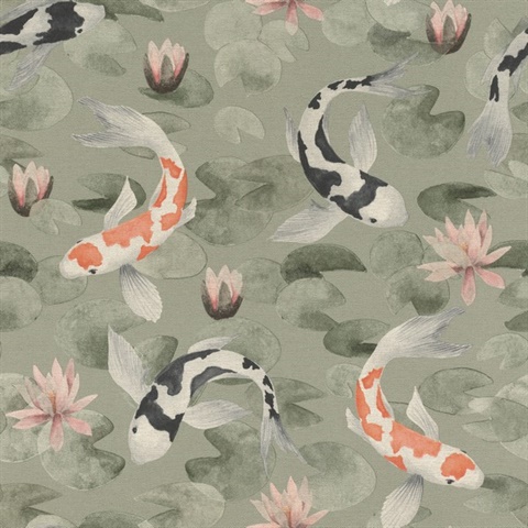 Nobu Green Asian Toile Koi Fish Wallpaper