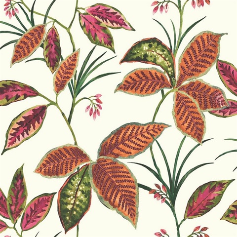 Off White, Pink & Orange Commercial Leaves Wallpaper