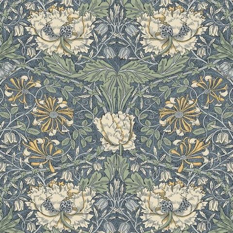 Ogee Flora Large Floral & Leaf Damask Blue Wallpaper