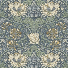 Ogee Flora Large Floral & Leaf Damask Blue Wallpaper