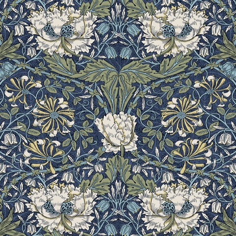 Ogee Flora Large Floral & Leaf Damask Blue Wallpaper