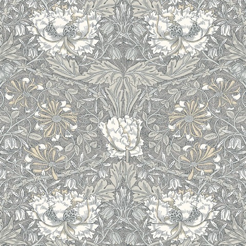 Ogee Flora Large Floral & Leaf Damask Grey Wallpaper