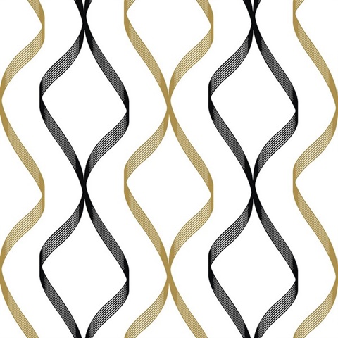 Ogee Ribbon Geometric Metallic Gold & Ebony Peel and Stick Wallpaper