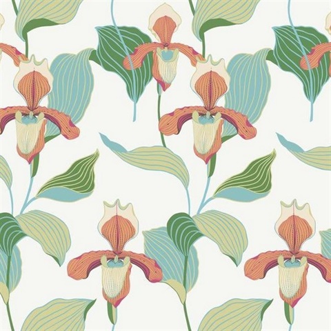 Orange & Blue Lady Slipper Floral Wallpaper