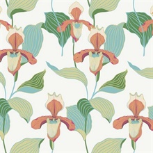 Orange &amp; Blue Lady Slipper Floral Wallpaper