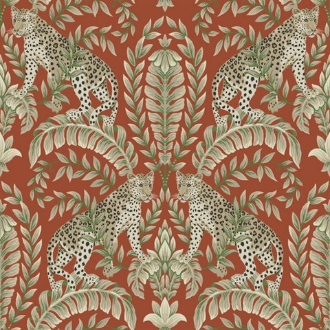 Orange Jungle Leopard & Leaf Wallpaper