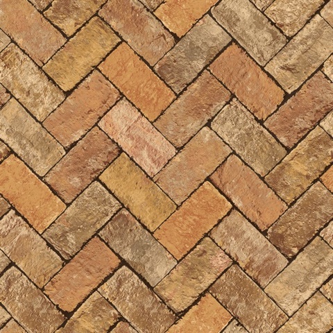 Orange Textured Faux Herringbone Brick Wallpaper