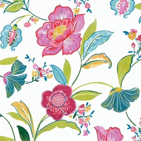 Painterly Floral  Magenta & Off-White Peel and Stick Wallpaper