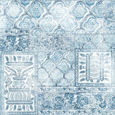 Paisley/Patchwork Patchwork Blue & Eggshell Peel and Stick Wallpaper