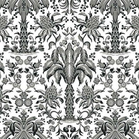 Palmetto Palm Black and White Damask Textured Paperweave Wallpaper