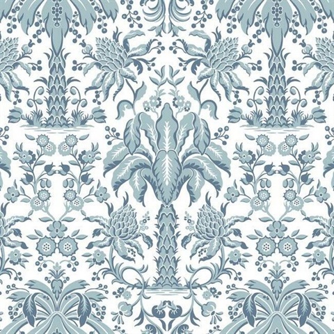 Palmetto Palm Blue Damask Textured Paperweave Wallpaper
