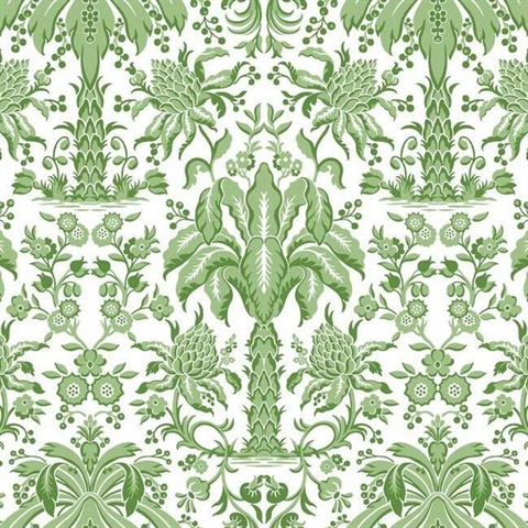 Palmetto Palm Green Damask Textured Paperweave Wallpaper