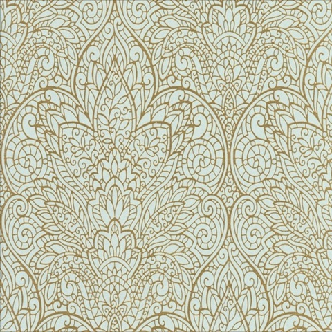 Light Blue & Gold Metallic Foil Paradise Floral Wallpaper
