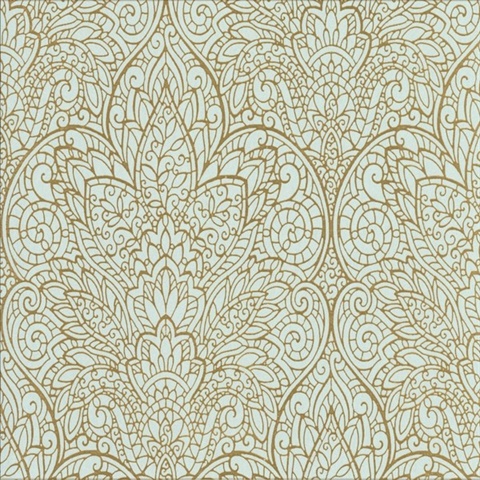 Light Blue & Gold Metallic Foil Paradise Floral Wallpaper