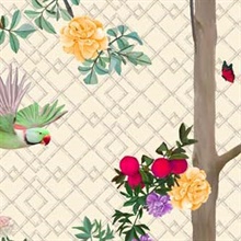 Painterly Parakeet &amp; Floral Chinoiserie Wallpaper