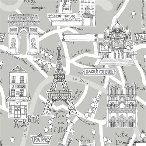 Paris Scene Illustration Argos Grey Peel and Stick Wallpaper