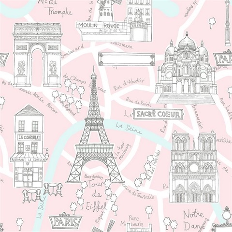 Paris Scene Illustration Pale Pink Peel and Stick Wallpaper