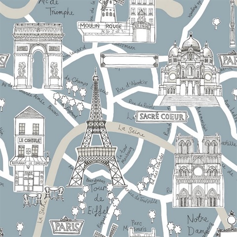 Paris Scene Illustration Smokey Blue Peel and Stick Wallpaper