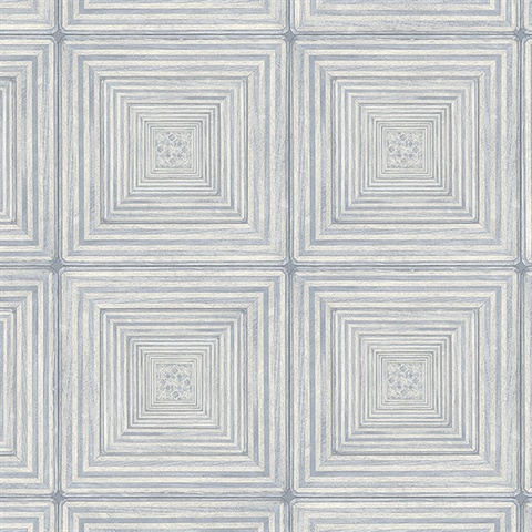 Parquet Geometric Blue & Ivory Wood Squares Wallpaper