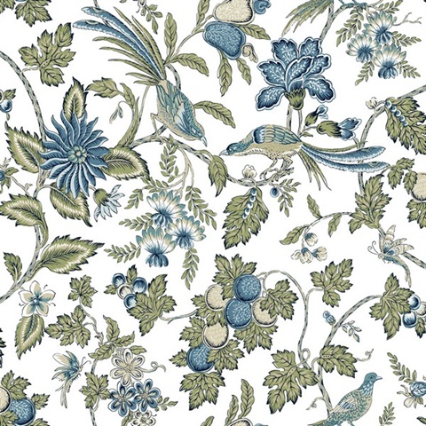 Parterre Blue Jacobean Bird Floral Wallpaper