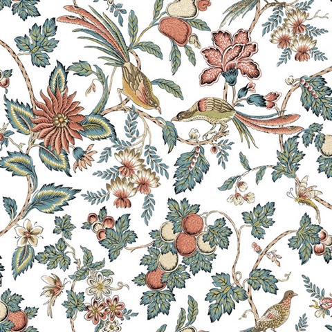 Parterre Coral Jacobean Bird Floral Wallpaper