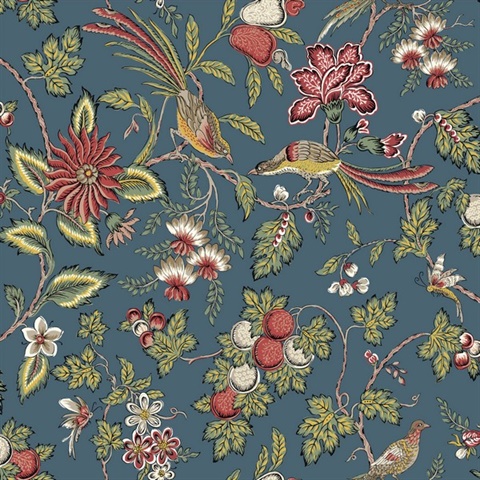 Parterre Indigo Jacobean Bird Floral Wallpaper