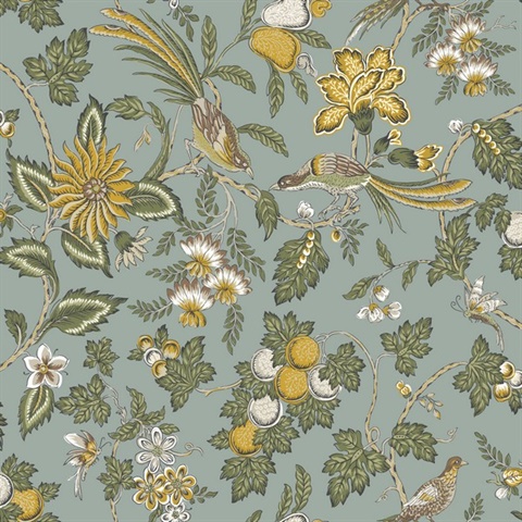 Parterre Light Blue Jacobean Bird Floral Wallpaper
