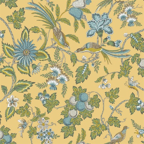 Parterre Light Yellow Jacobean Bird Floral Wallpaper
