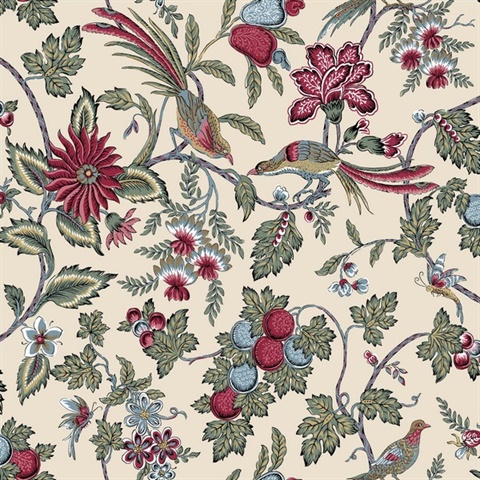 Parterre Raspberry Jacobean Bird Floral Wallpaper