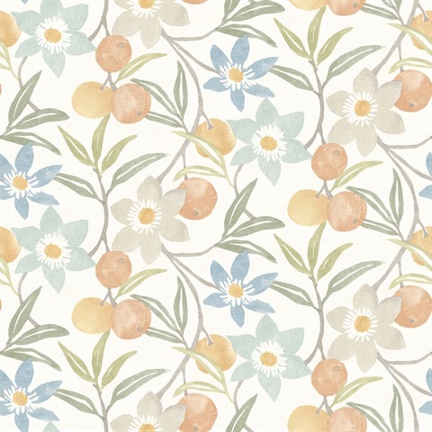 Passiflora Apricot Fruit and Floral Wallpaper