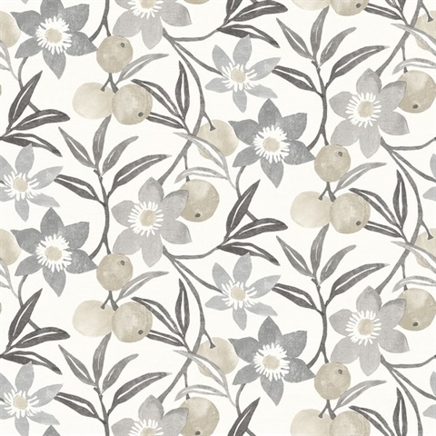 Passiflora Charcoal Fruit and Floral Wallpaper