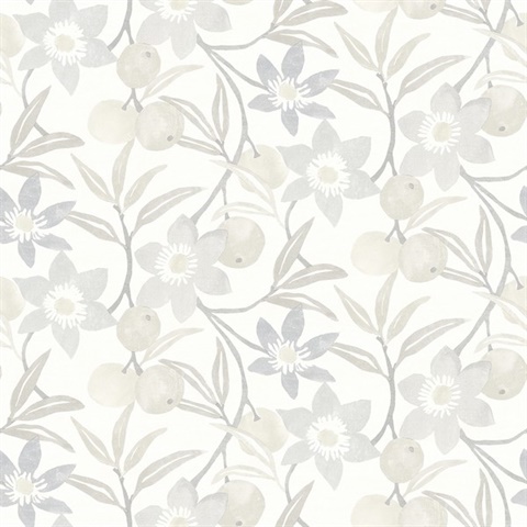 Passiflora Grey Fruit and Floral Wallpaper