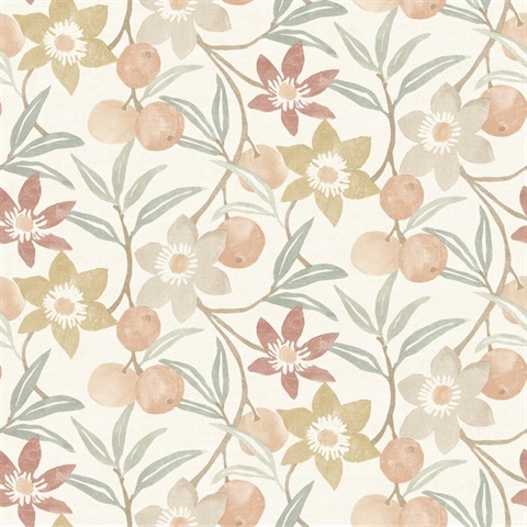 Passiflora Peach Fruit and Floral Wallpaper
