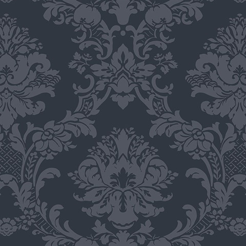 Small Floral Damask Navy Blue Wallpaper