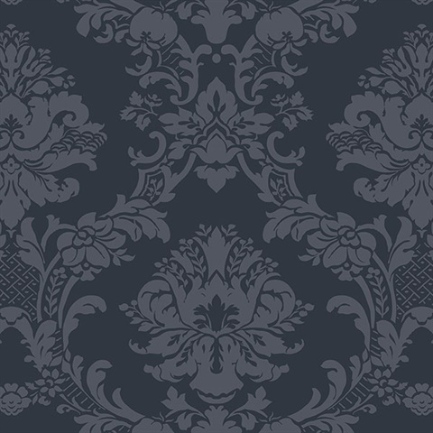 Small Floral Damask Navy Blue Wallpaper