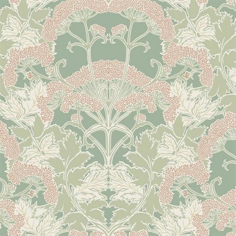 Peach & Green Yarrow Nouveau Wallpaper