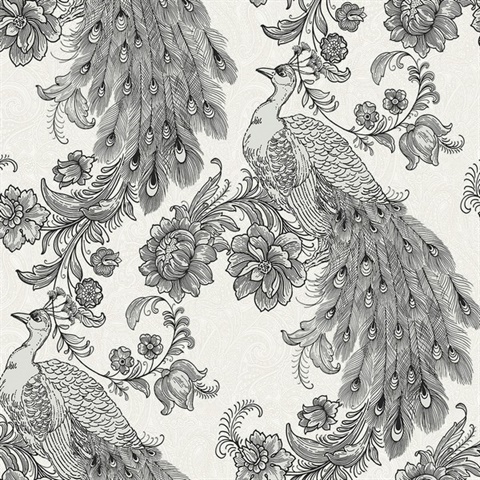 Peacock Bird Ivory & Ebony Peel and Stick Wallpaper