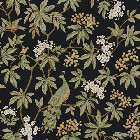 Peacock Estate Black Wallpaper