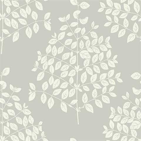 Pearl Grey Tender Block Print Textured Leaf Branch Wallpaper