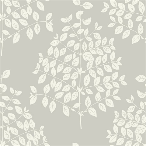 Pearl Grey Tender Block Print Textured Leaf Branch Wallpaper