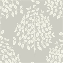 Pearl Grey Tender Block Print Textured Leaf Branch Wallpaper