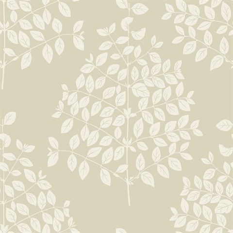 Pearl Taupe Tender Block Print Textured Leaf Branch Wallpaper