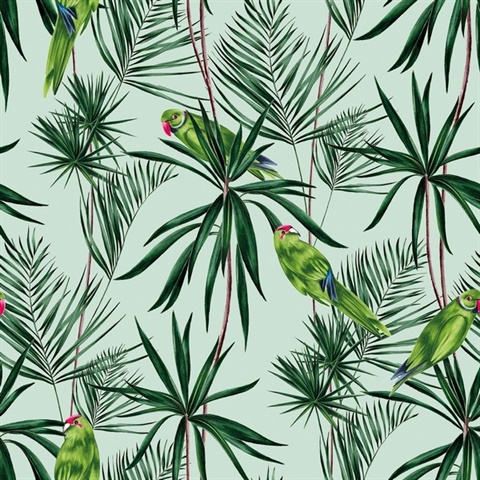 Pebbles Mint Paradise Jungle Parrots Wallpaper