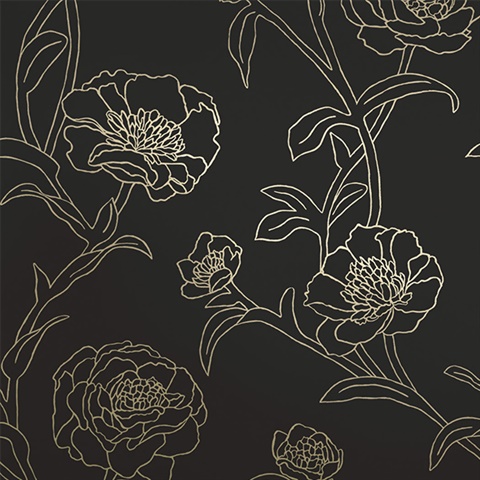 Peonies Black & Gold Peel and Stick Wallpaper