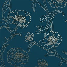 Peonies Peacock Blue & Metallic Gold Peel and Stick Wallpaper