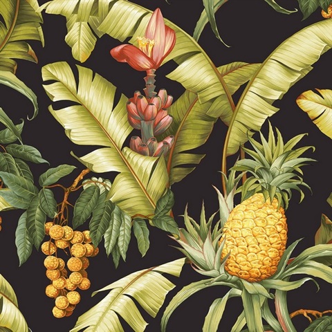 Pineapple Floral Botanical Ebony Peel and Stick Wallpaper