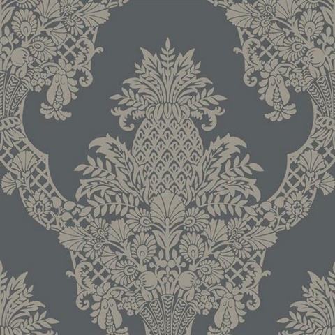 Pineapple Metallic Wallpaper Charcoal Black and Silver Damask Metallic