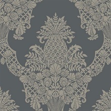 Pineapple Metallic Wallpaper Charcoal Black and Silver Damask Metallic